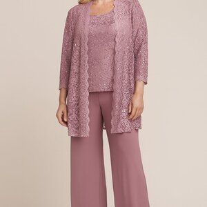 Elegant R&M Richards 3-Piece Mauve Lace Pantsuit – Size 16
